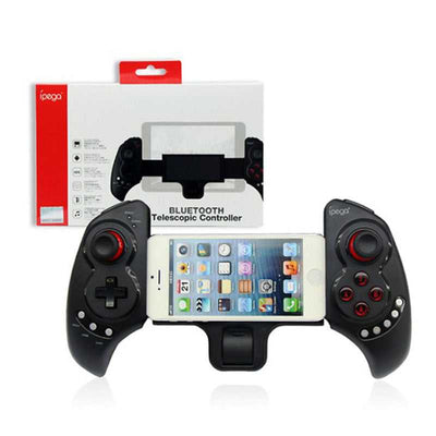 Versatile Bluetooth Gamepad for PC, Mobile & TV with USB interface, vibration feedback, and adjustable phone bracket, shown with packaging.