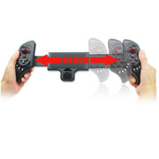 Versatile Bluetooth Gamepad for PC, Mobile & TV with adjustable bracket function shown expanding to fit various device sizes. Ideal for seamless gaming.