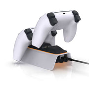 Ps5 Gamepad Dual Charger with two white wireless controllers docked, featuring a sleek ABS build and LED charging indicator for gamers.