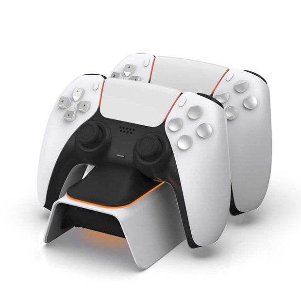 Ps5 Gamepad Dual Charger for wireless controllers with sleek white and black ABS design, ideal for fast charging two PS5 gamepads simultaneously.