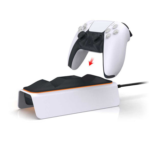 Ps5 Gamepad Dual Charger Ps5 Wireless Gamepad Charger with sleek white and black design, showing controller placement for fast charging.