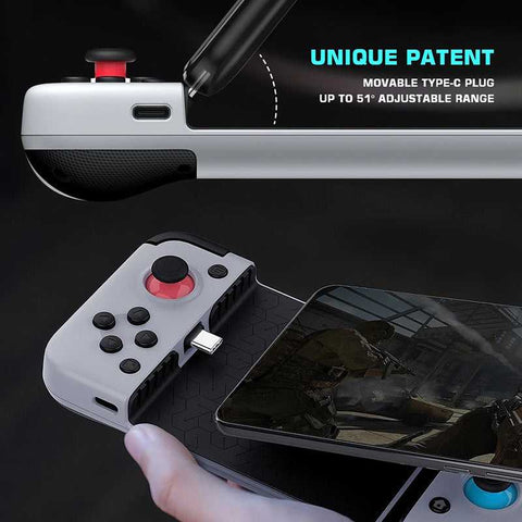 USB Gamepad for Android with movable Type-C plug and adjustable stretch design, ideal for mobile gaming with ergonomic grip and switch-style buttons.