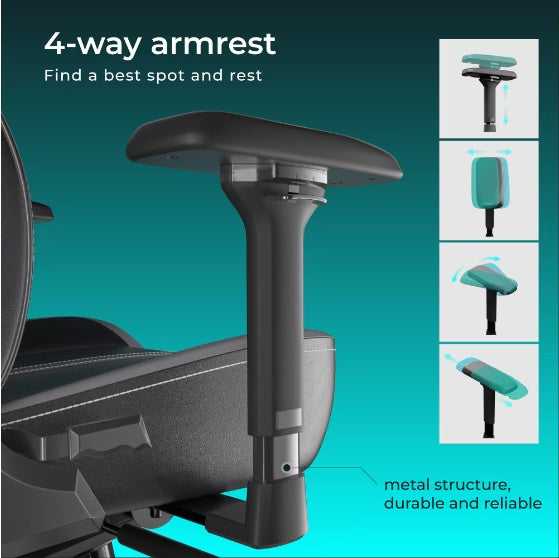 C-L44R Gaming Chair with 4-way adjustable armrest, featuring PU leather and durable metal structure for ergonomic lumbar support and comfort.