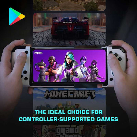 USB Gamepad for Android - Stretch Gamepad | Type-C Connection shown with Fortnite, Minecraft, and Asphalt gameplay. Ideal for controller-supported games.