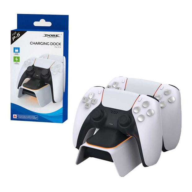 Ps5 Gamepad Dual Charger Ps5 Wireless Gamepad Charger with sleek white and black design, charging two controllers simultaneously on a compact dock.