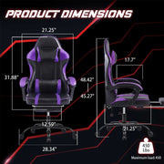 Gaming Chair - Ergonomic Chair with Adjustable Lumbar Support in black and purple, showing detailed product dimensions and 450 lbs weight capacity.