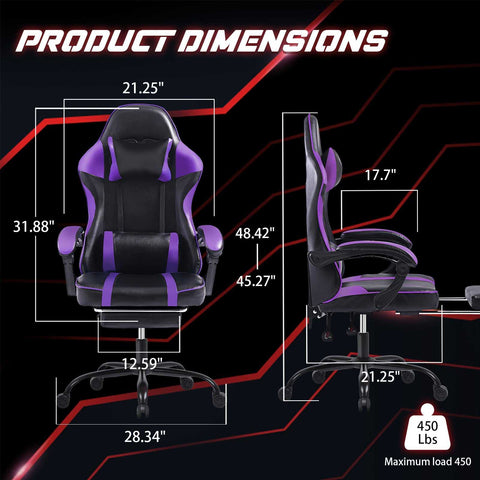 Gaming Chair - Ergonomic Chair with Adjustable Lumbar Support in black and purple, showing detailed product dimensions and 450 lbs weight capacity.