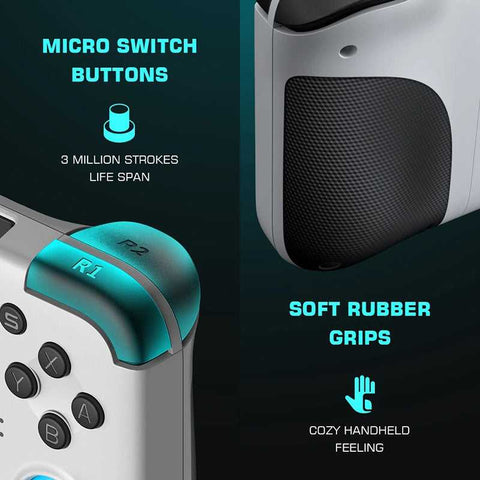 USB Gamepad for Android with Type-C connection featuring micro switch buttons with 3 million stroke lifespan and soft rubber grips for comfort.